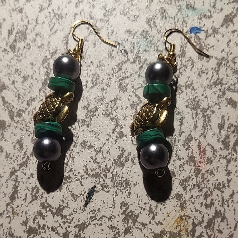 Gold and Green Turtle Earrings